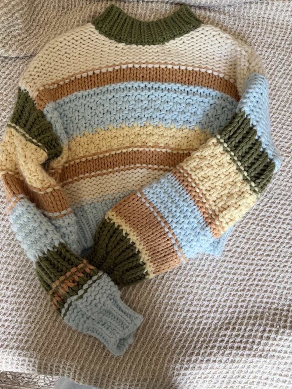 Altar'd State Striped Chunky Knit Sweater in Cream, Light Blue, Tan & Olive